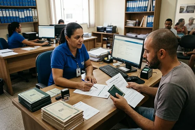 Pessoa recebendo informações sobre renovação de CNH.